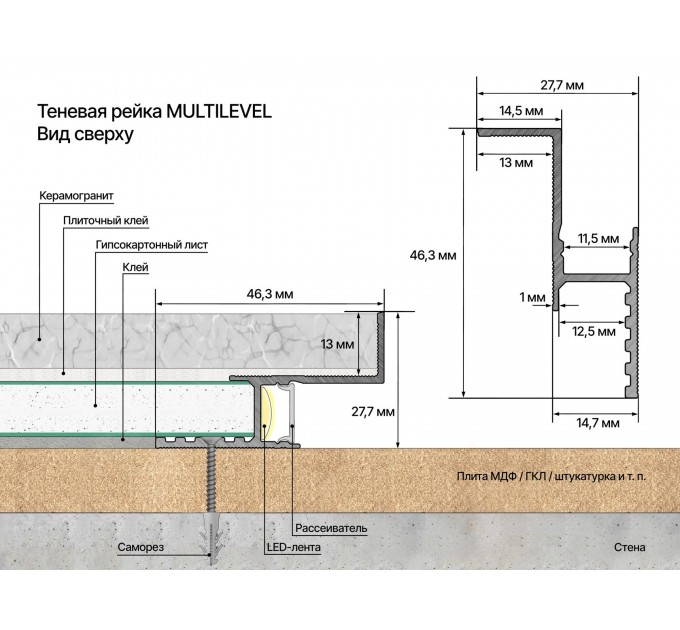 Теневая рейка Laconistiq Multilevel для ТВ зон и разноуровневых стен